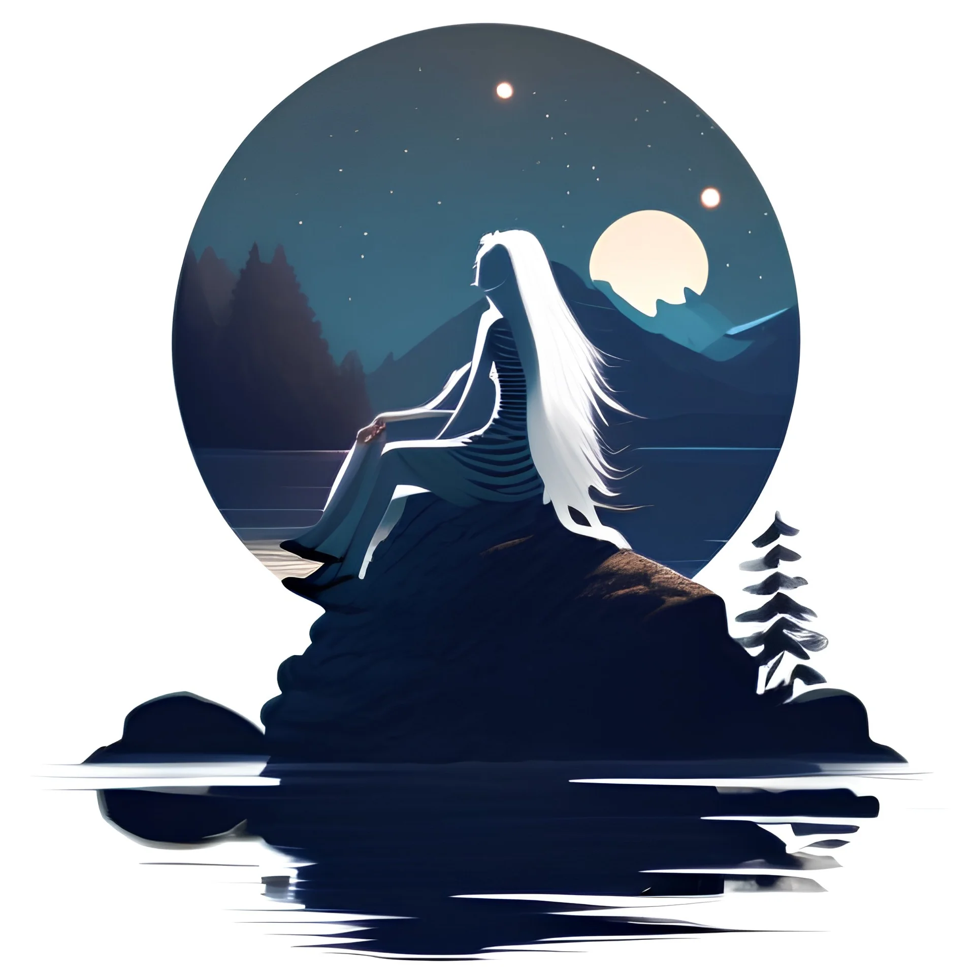 Afraid woman sitting on a rock on the moonlight
