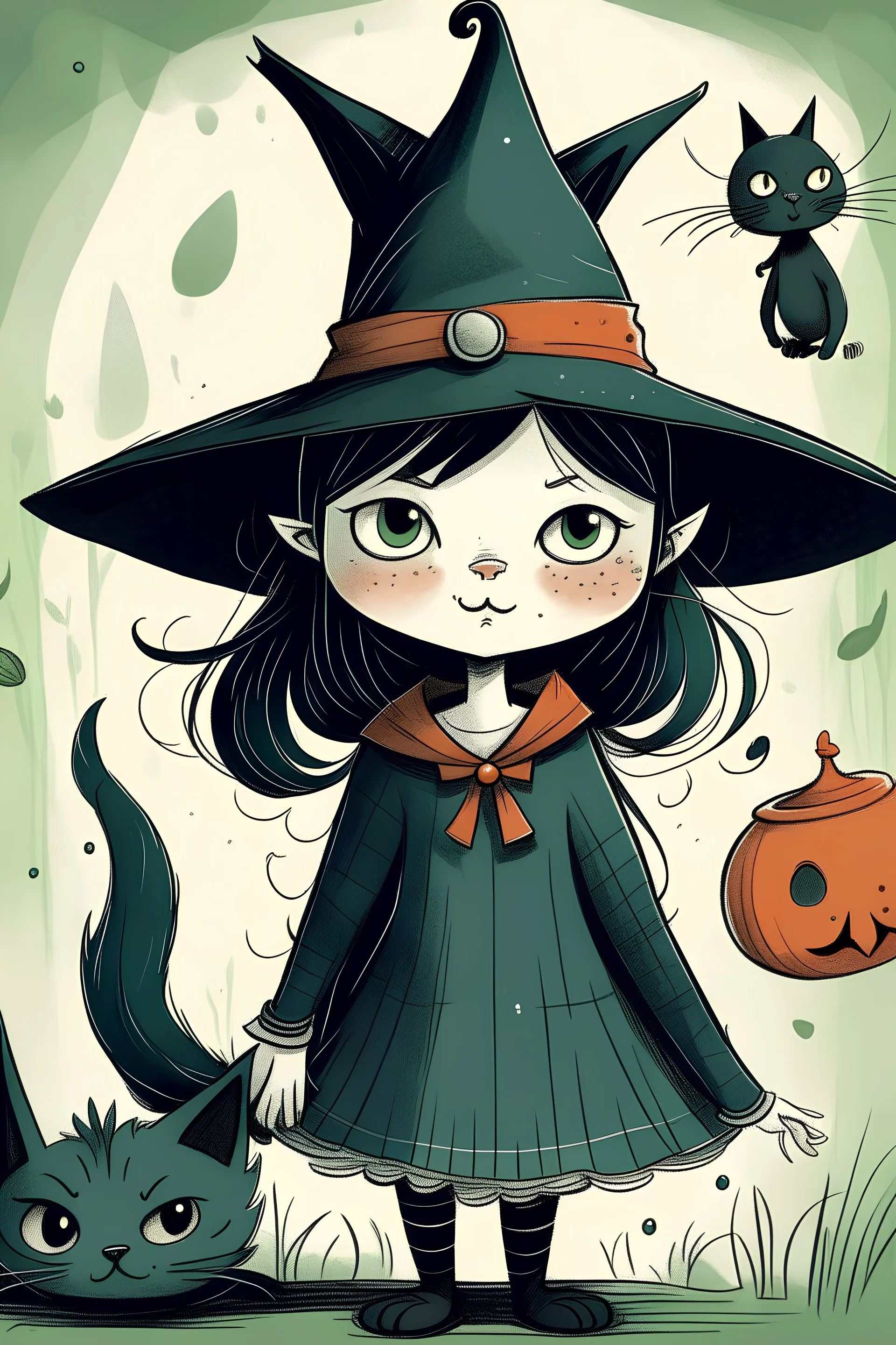 children’s book character, whimsical, creepy, cat in the shape of a young witch