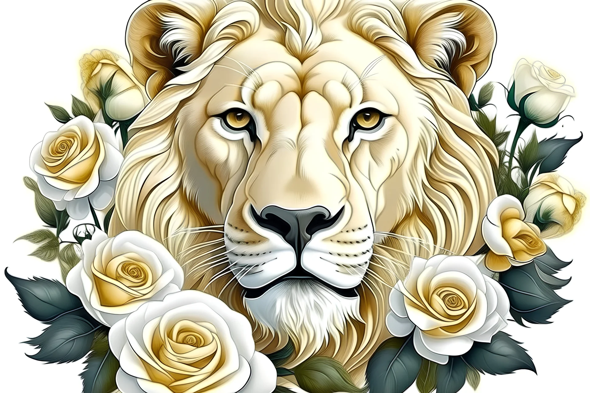 realistic blonde lion in white roses