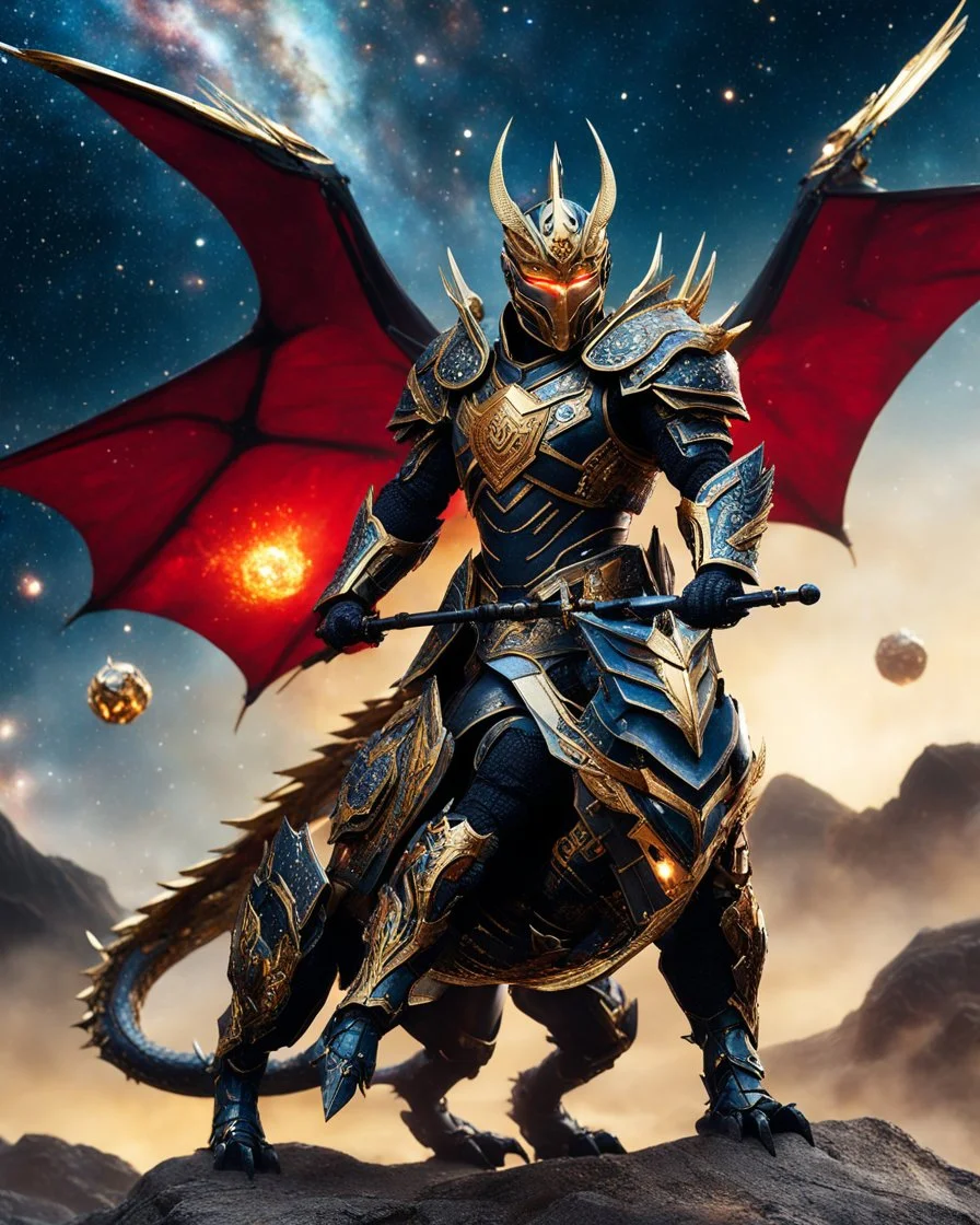 Full body photography of King Cyborg army, riding a flying dragon in the sky, using luxurious battle armor design, made of black and gold metal plates, metal crafts with radiant diamond luster, on the outer surface luxury decoration of very small diamond stones, red diamond stones, Milky Way galaxy background