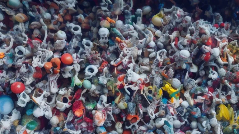 a picture of a dark, comedic, anatomically correct wall of colorful tightly packed skulls of varying sizes and expressions, photo realistic, insanely meticulous, highly detailed, part of a collection of bones on display, 64k, dystopian, vray