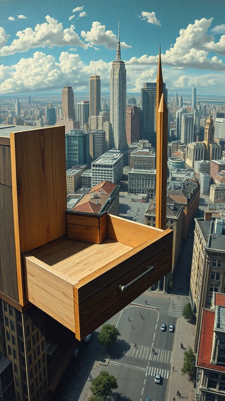Make an open drawer of a cabinet inside it a surreal modern city with buildings and streets from top view Bosch painting style