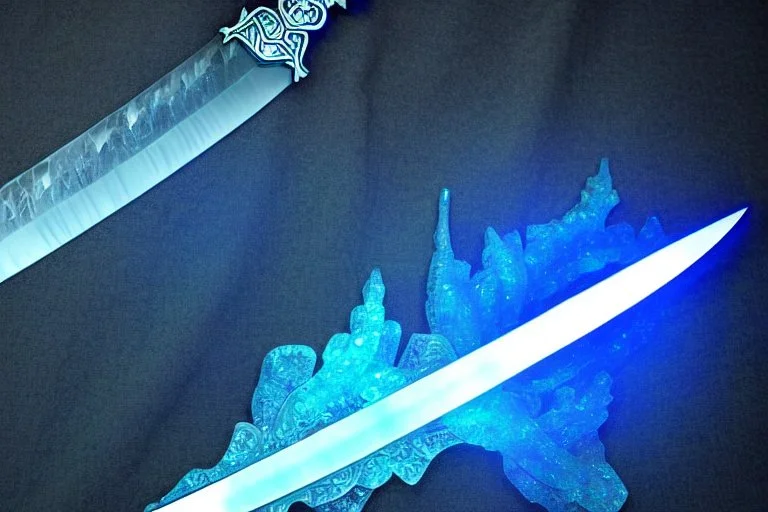 A fantasy sword that is a slender, translucent blade made of ice, shimmering with an ethereal blue glow. Its hilt is crafted from swirling vines, leading to a vibrant crystal at the pommel.