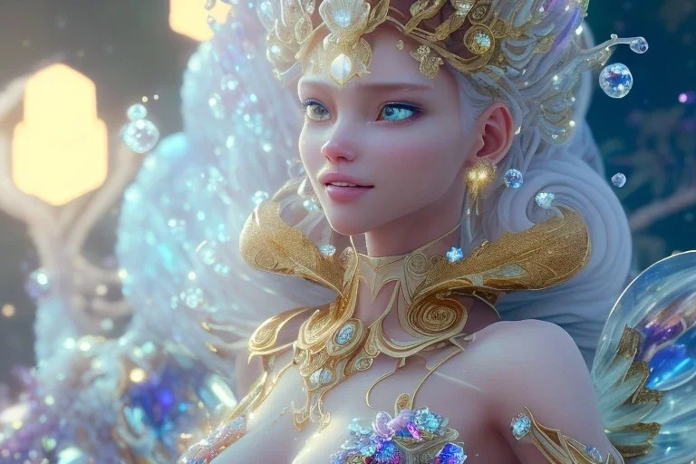 very beautiful crystal and gold goddess in a galactic ambiance, nice smiling, transparent petals, delicate colors, full of details, smooth, bright sunshine，soft light atmosphere, light effect，vaporwave colorful, concept art, smooth, extremely sharp detail, finely tuned detail, ultra high definition, 8 k, unreal engine 5, ultra sharp focus