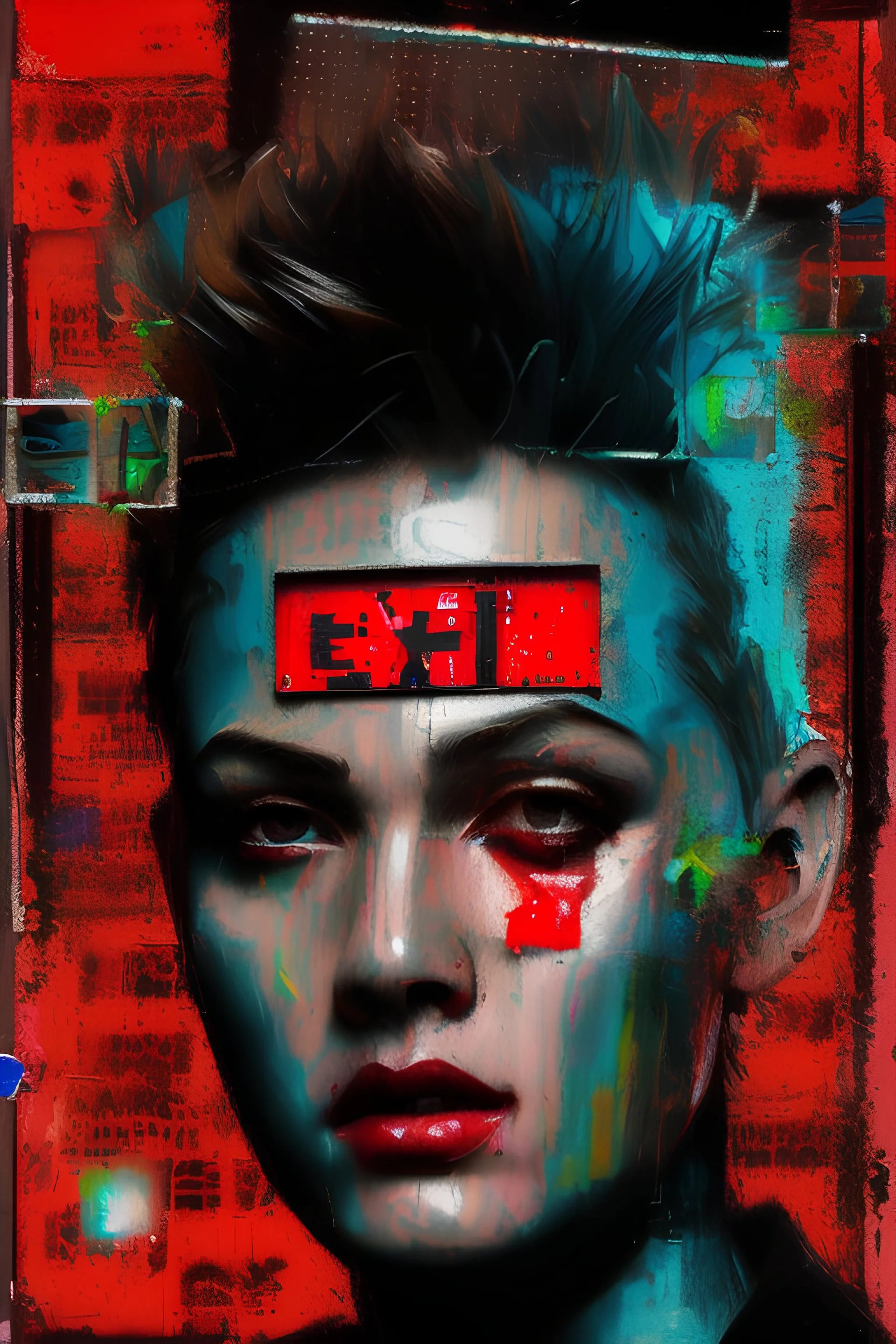 Ultra detailed medium portrait painting of "no exit sign" matrix effects, punk visual art, punk art aesthetic, graffiti art, pop surrealism, collage art, cluttered paint glitches