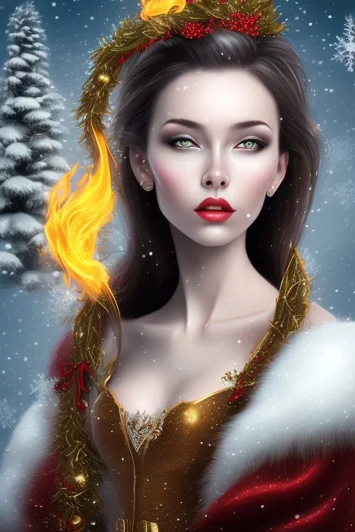 portrait lady big bobs black hairs Christmas in the snow and fire