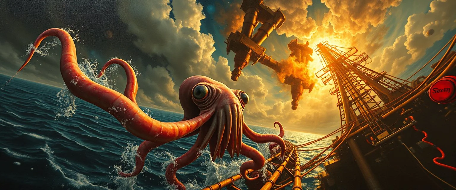 master oil painting by Rembrandt, roller coaster squid with some bad ass power off shore oil platform cyber punk people experiencing gravity at its worst, pin hole cam, twisted perspective, goa trance music poster