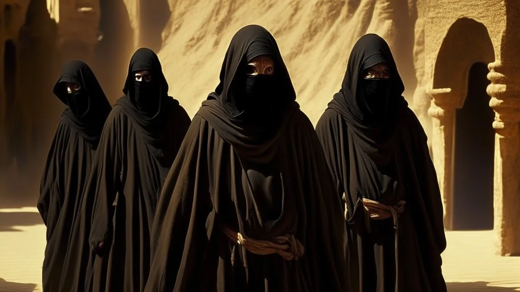 hooded monks in black robes in egypt