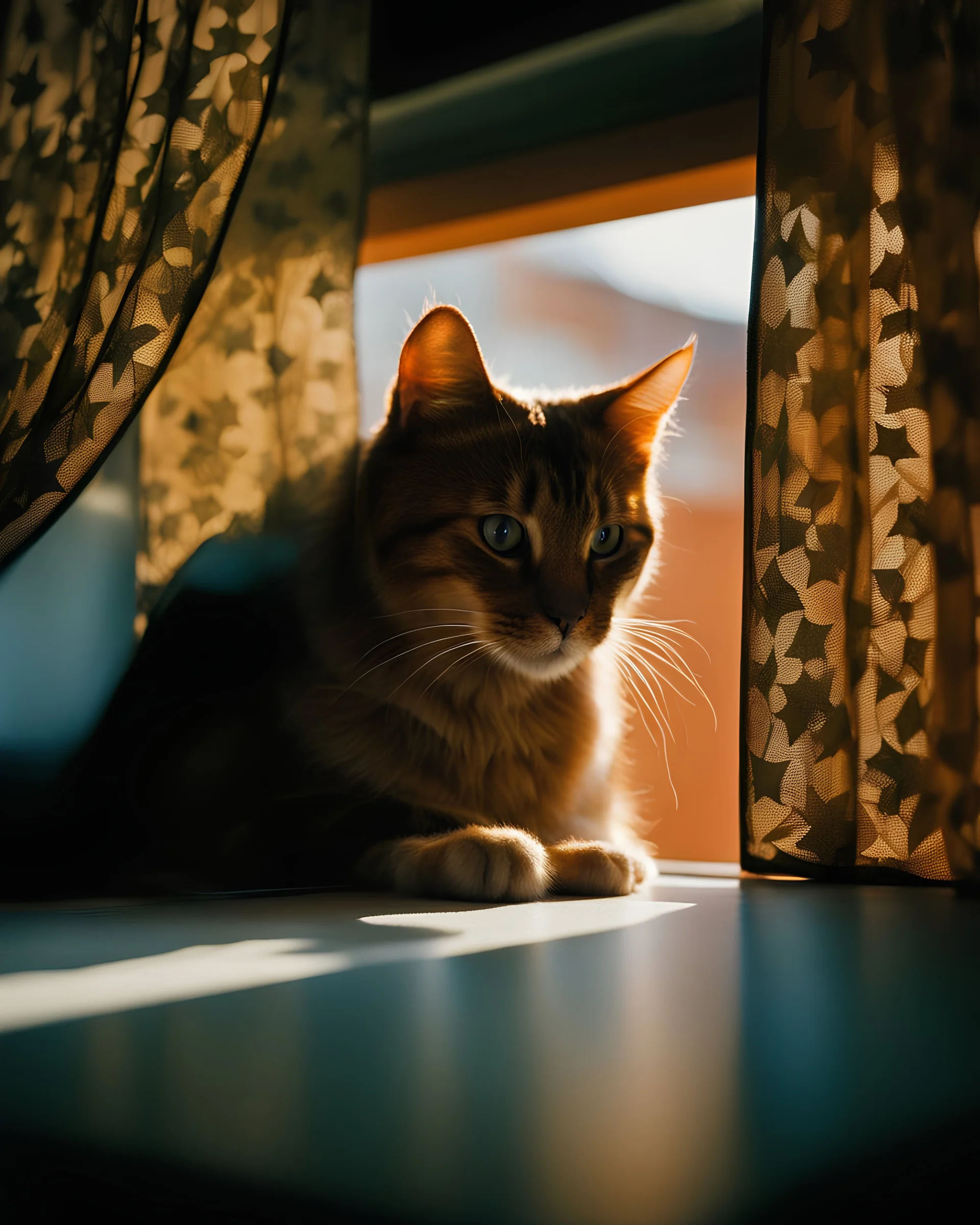 a photo of a cat hiding behind a curtain, caustics shadows reflected on its face, polygon shape shadows on her coat, an example of saul leiter's work, sun - rays beams, projection mapping, its face covered with shadows reflected from polygon lace curtains.