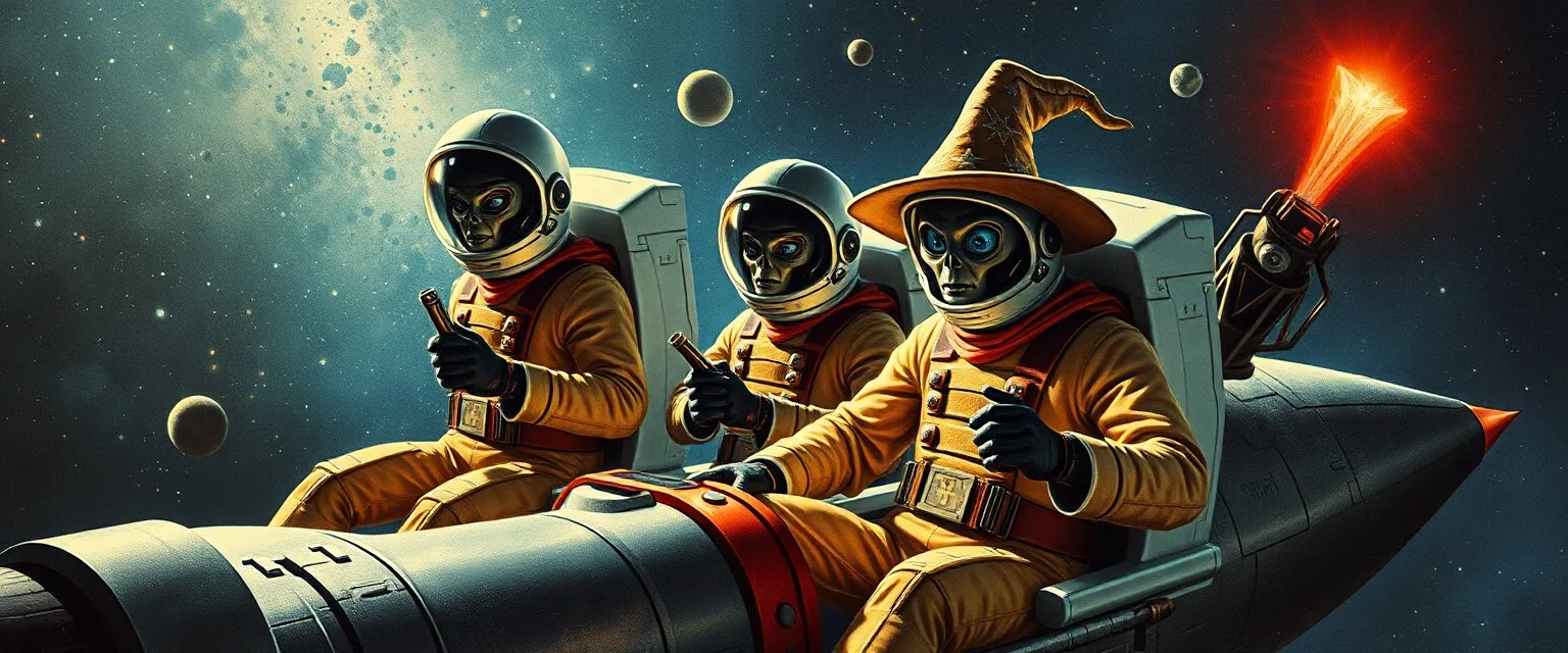 movie poster, soap opera, cowboy astronauts in a spaceship , space alien Abjurer Wizard