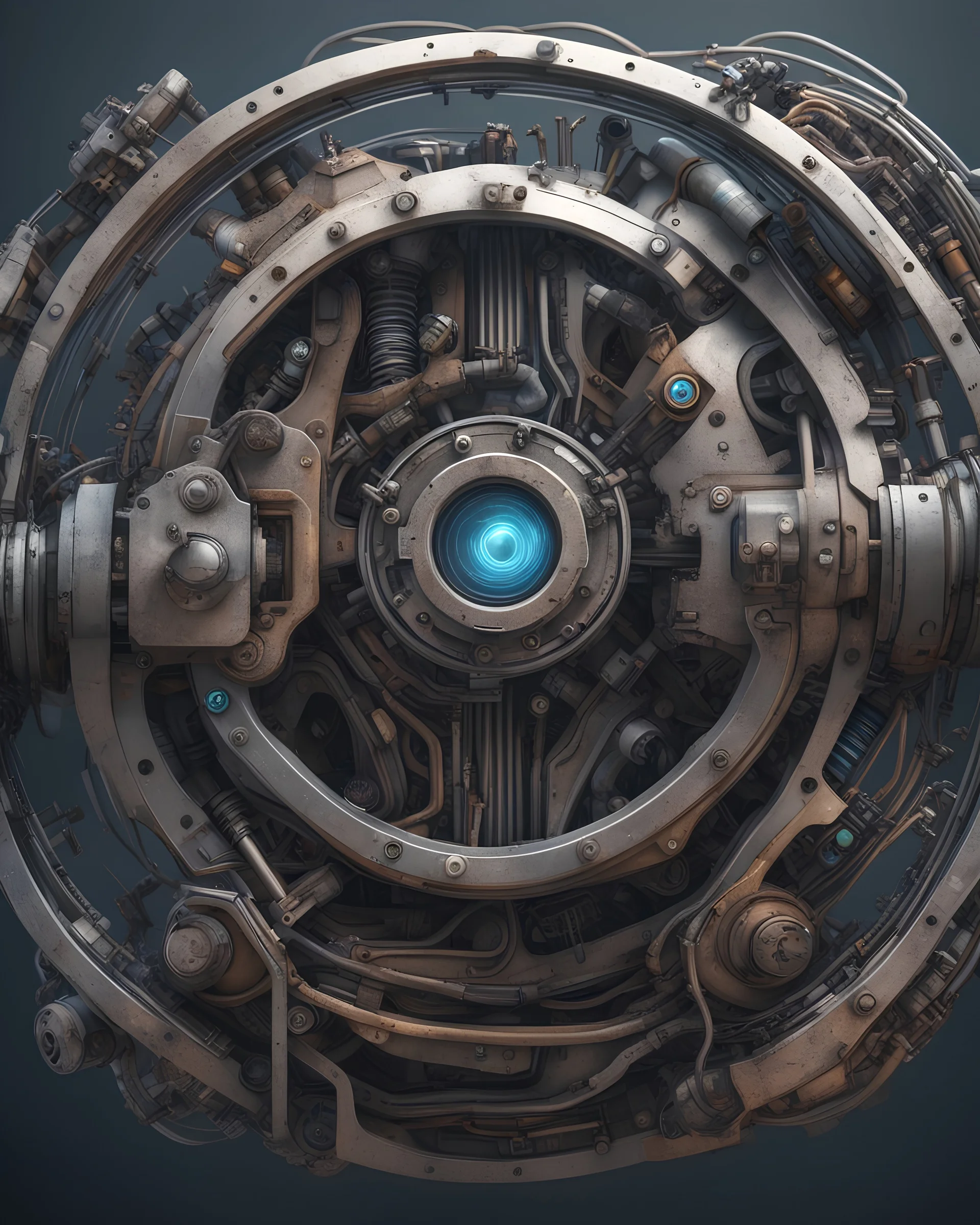 Futuristic logo mechanical design made with engine parts and wires dysoptia cyberage HAWKEN postapocalyptic dysoptia scene photorealistic uhd 8k VRAY highly detailed HDR