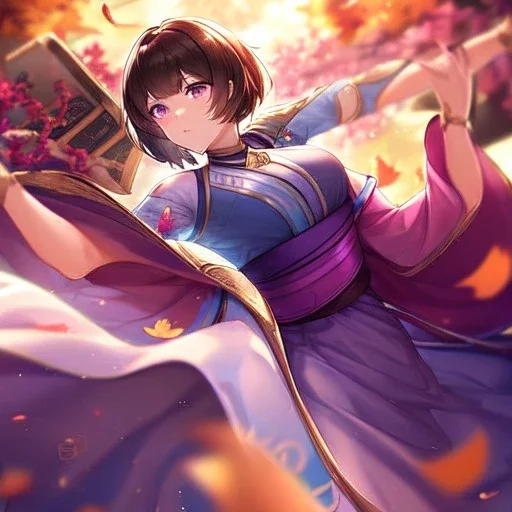 Clear focus,High resolution, one girls, Short brown hair, Purple eyes, Wearing a kimono, dancing with blurry sakura leafs falling down