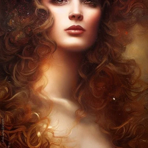 **Baroque painting, glamour shot of stunningly beautiful young female model by Karol Bak and Reylia Slaby and Anna Dittmann, long flowing light brown hair, 8K