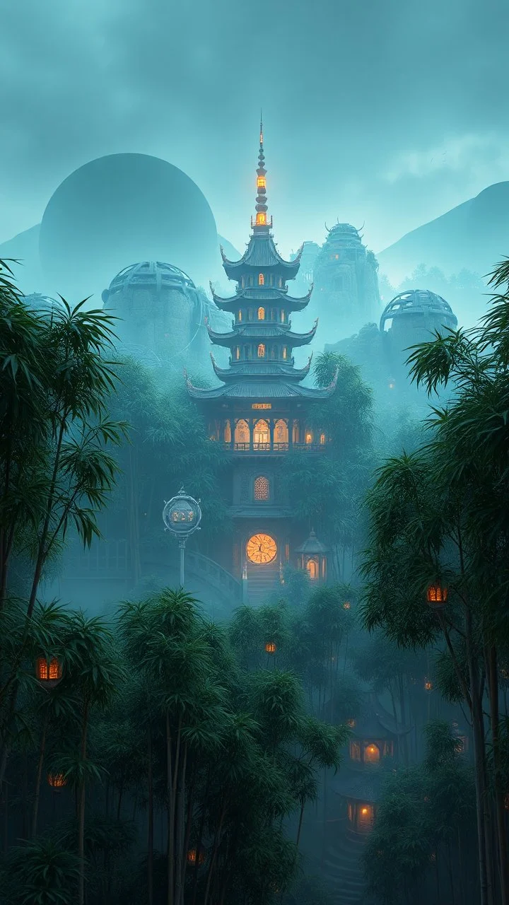 realistic photo of a landscape covered in bamboo trees that looks futuristic with futuristic lighting, ancient tower building in the middle