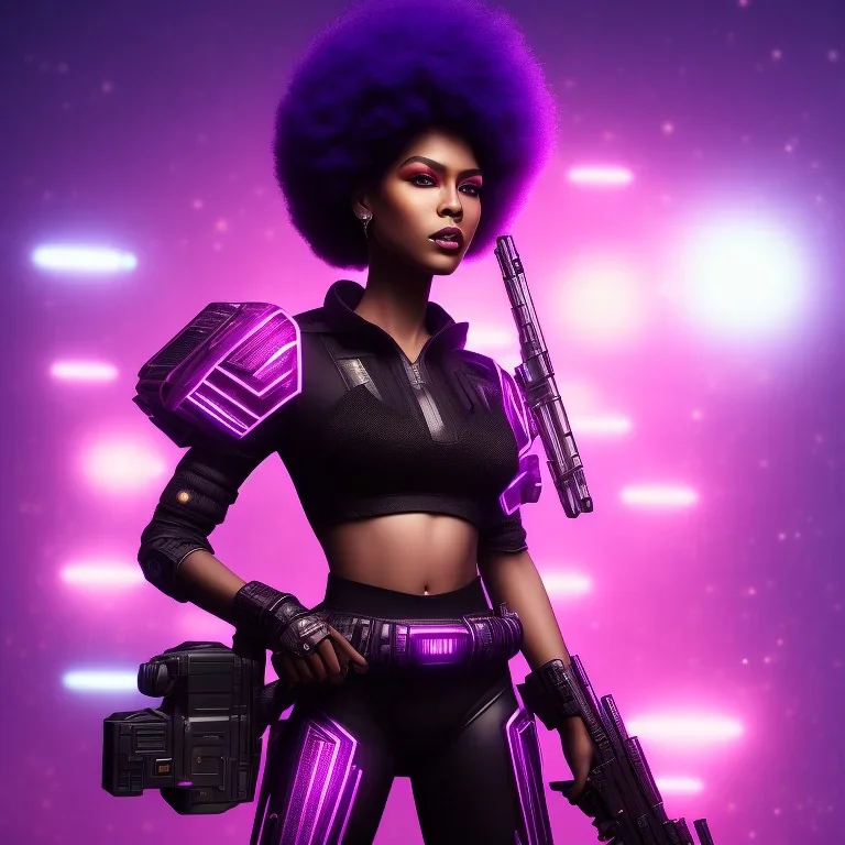 full body shot, masterpiece, best quality, family of three, black skinned, sparkling eyes, fluorescent skin,purple-dark makeup, gangsta armed with guns , highly detailed body, afrofuturism, scifi, sun light, 4K, RAW, depth of field, high contrast, realistic details, 24mm