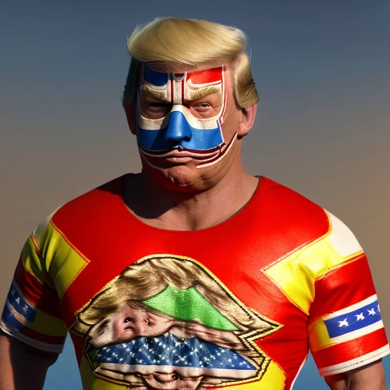 Realistic image of Donald trump wrestler, Mexican wrestling style, Mexican wrestling mask for eyes, red and blue breeches, glow us flag dress, suspenders, retro style, 80s, vibrant color, highly detailed, sky background, concept art, unreal engine 5, god rays, ray tracing, RTX, lumen lighting, ultra detail, volumetric lighting, 3d, finely drawn, high definition, high resolution.