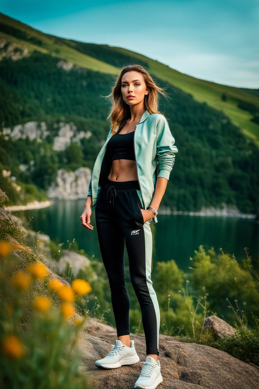 fullbody shot of young-beautiful-girl-with-a-perfect-face-with-make-up-wearing- sport pants and jacket standing ,geen hills ,nice nature in modern city scape environment ,wild flowers,clean water river with colorfull rocks in floor