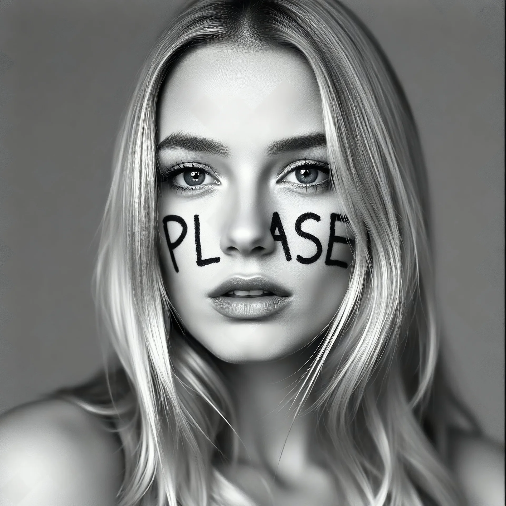 a blond model, it is written 'PLEASE' on her face, in the style of Henri Cartier-Bresson