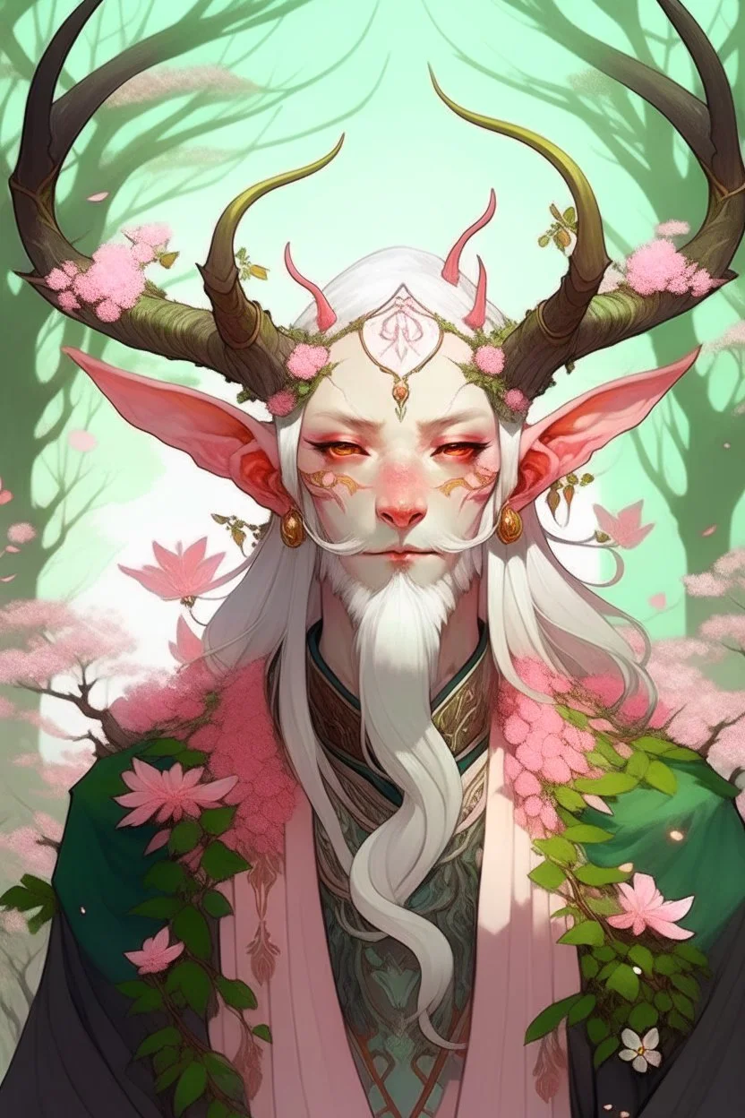 Pink hair spring cherry blossom Eladrin Male antlers druid beard