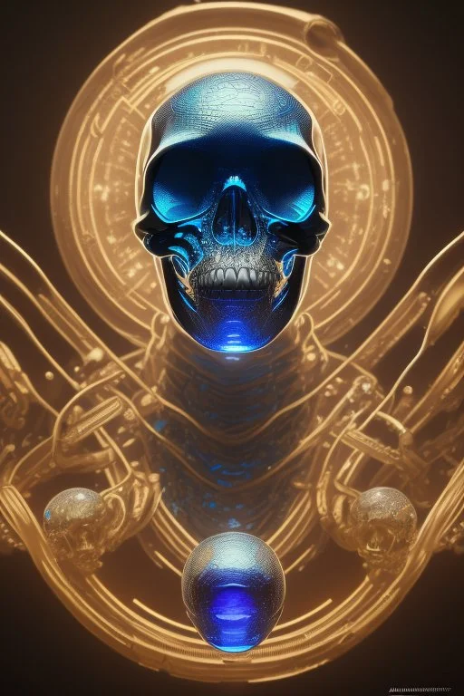 A glass headed skull with sapphire eys wearing a futuristic uniform, 8k resolution concept art portrait by Greg Rutkowski, Artgerm, WLOP, Alphonse Mucha Boris Vallejo H.R. Giger dynamic lighting hyperdetailed intricately detailed Splash art trending on Artstation vivid colors Unreal Engine 5 volumetric lighting