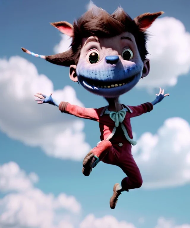 Ultra realistic clouds sky scene, medium shot view, portrait, sweet monster Childs free jumping flying with trinkets, smile, happy, Wes Anderson style, Peter Pan, inflatable color clothing, extreme, wind, clouds sea, 20,000 feet altitude, stratosphere, soft color, highly detailed, unreal engine 5, ray tracing, RTX, lumen lighting, ultra detail, volumetric lighting, 3d, finely drawn, high definition, high resolution.