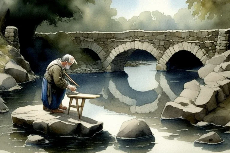 an artist with an easel sits on a stool next to a little stone bridge. He is painting a kingfisher. highly detailed, smooth colours. Watercolour.