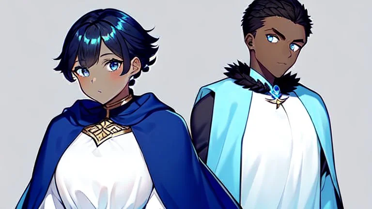 She's diminutive, with brown skin, short black dreadlocks hair. She has indigo blue eyes. She wore a long blue cape over a white dress.