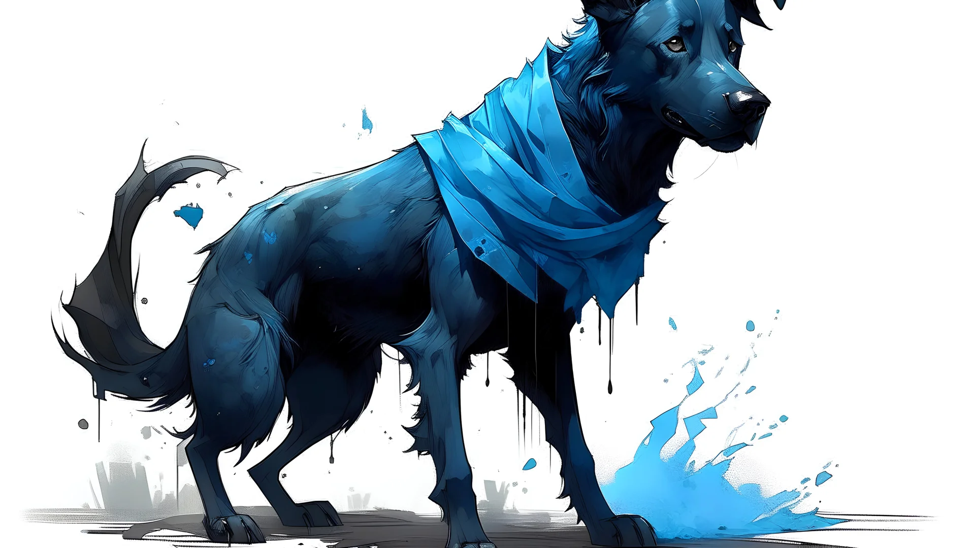 fantasy illustration: vicious black dog in blue torn pants