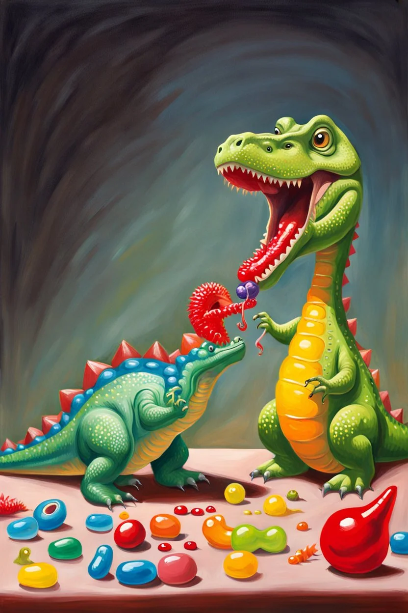 In this still life painting, a small plastic dinosaur is facing off with a gummy worm, both looking rather stern. The dinosaur has its tiny arms crossed in defiance, while the gummy worm seems to be attempting to reason with it. Meanwhile, a lone marshmallow sits nearby, looking bewildered by the whole situation. It's a humorous take on the clash between toys and sweets, with a touch of dry wit.