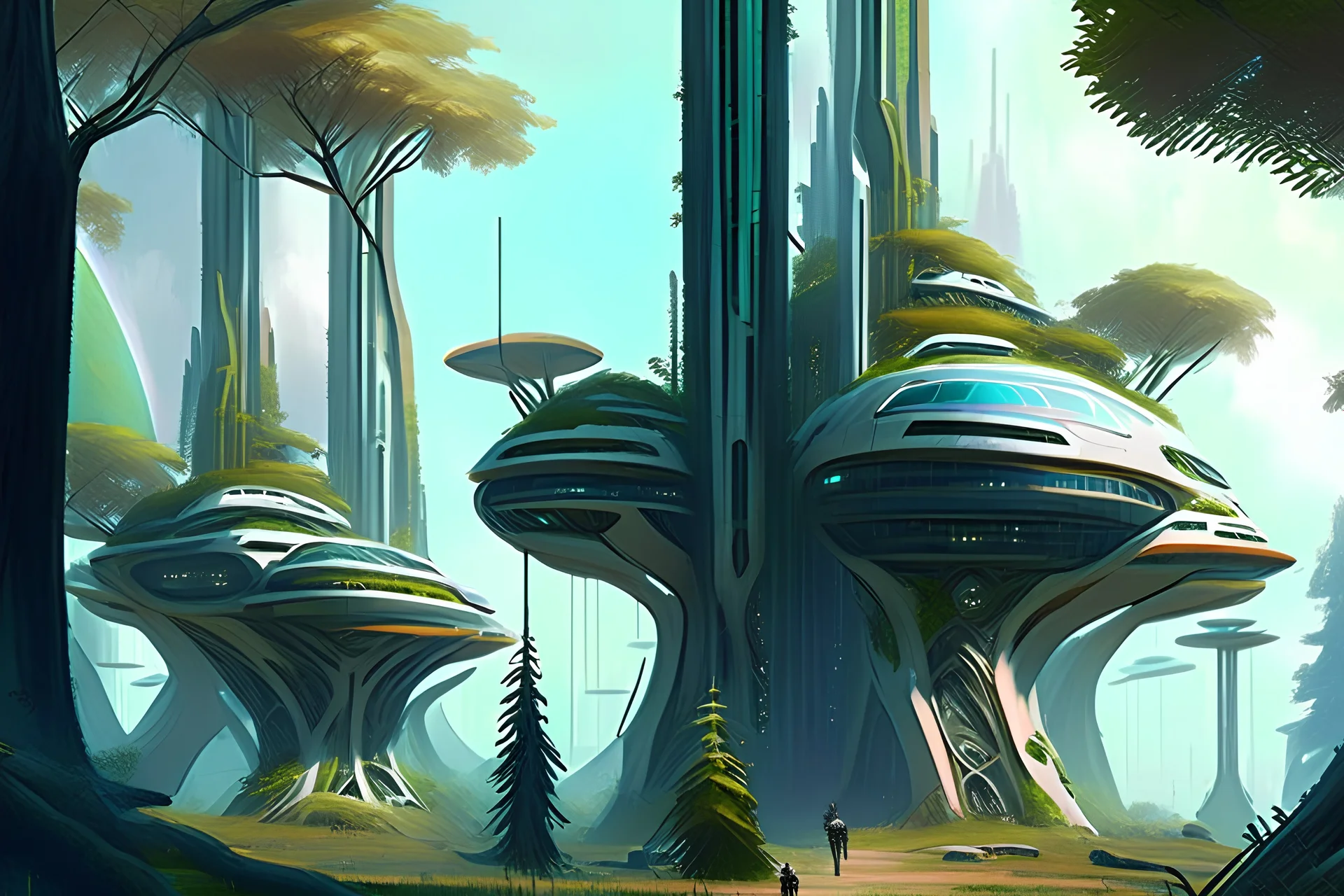 Futuristic buildings near the trees, sci-fi, concept art, claude monet influence, realistic painting