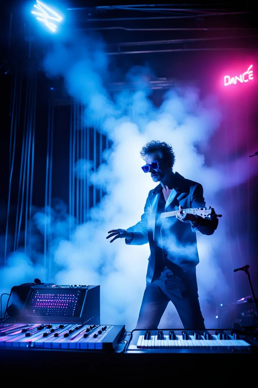 French musical man, he is called "Jean-Maurice Brûlée" performing at dance club, his name is "Jean-Maurice Brûlée" , white and blue Neon lights and smog, and "URANIUM" big sign on the wall, he is playing on synthesizers on stage with lot of laser beams and wearing black sunglasses