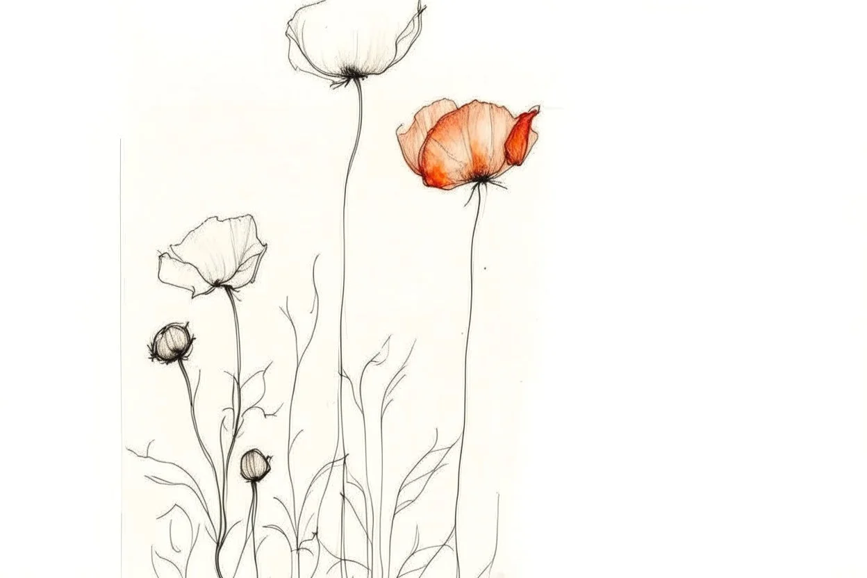 Minimalist ink pencil and charcoal drawing of poppies
