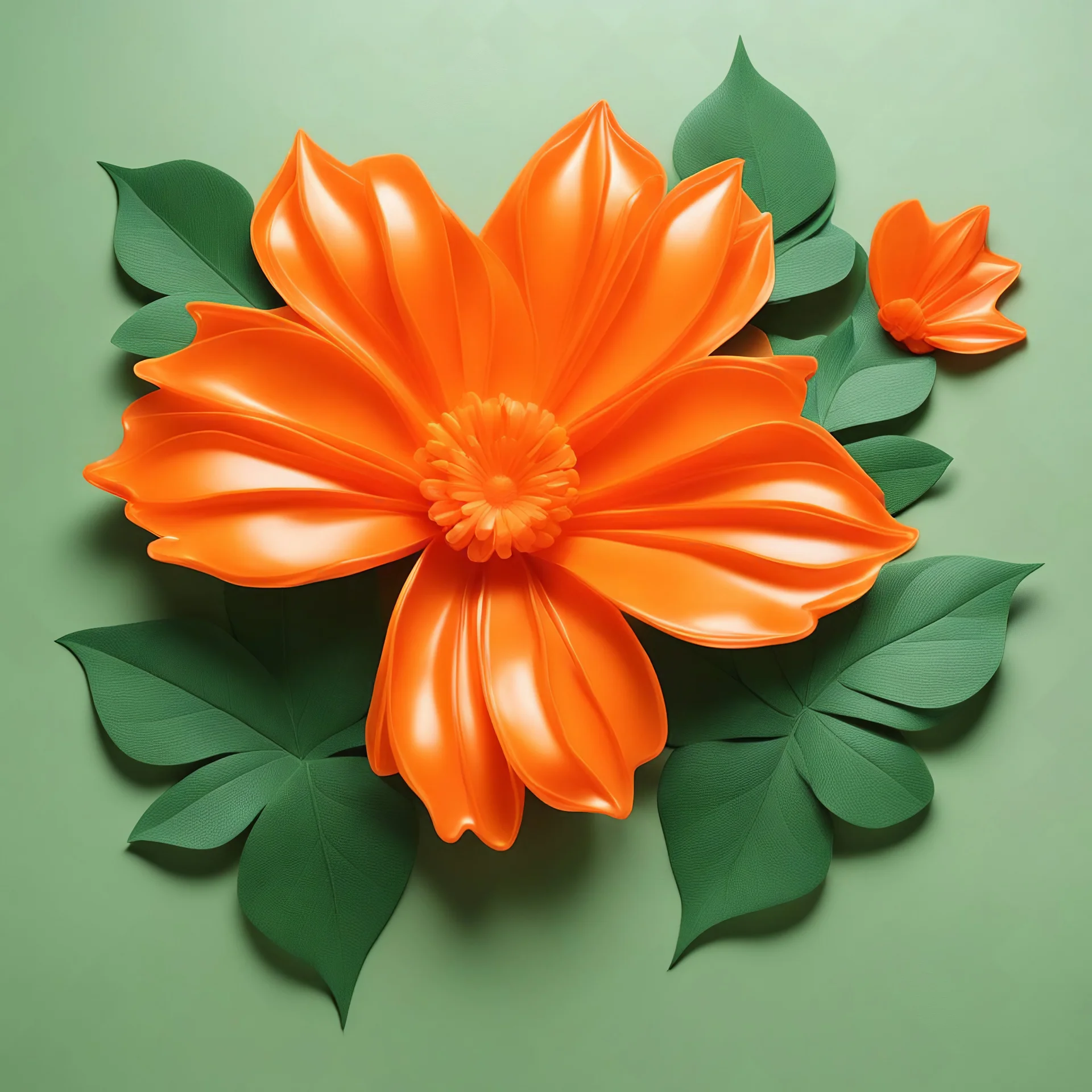 Create big orange plastic flowers with green leaf and solid background