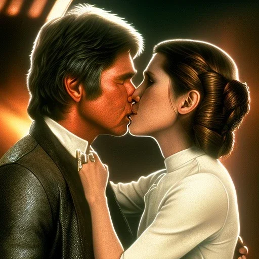 carrie fisher kissing harrison ford, waist up portrait, intricate, oil on canvas, masterpiece, expert, insanely detailed, 4k resolution, cinematic smooth, intricate detail , soft smooth lighting, soft pastel colors,