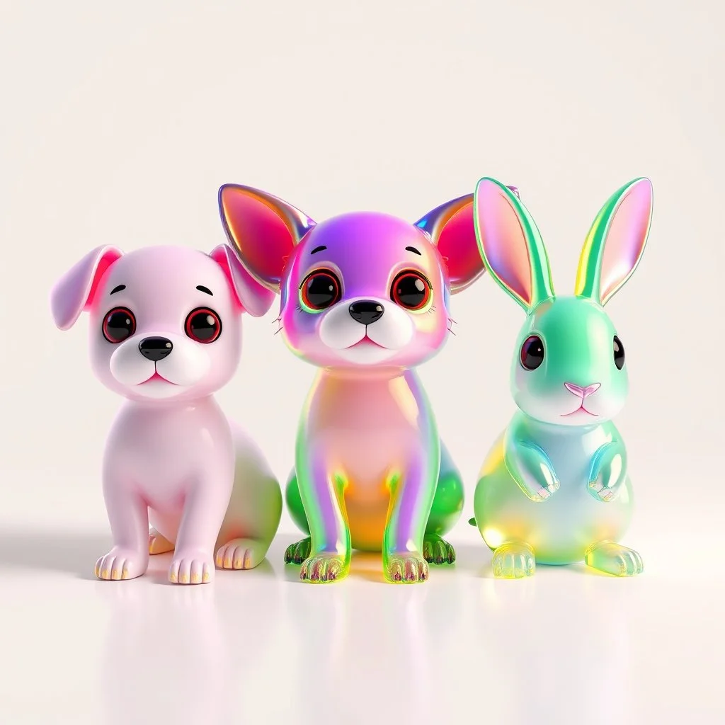 Colored translucent 3D small dog, cat, and rabbit displayed side by side, smooth glass and acrylic materials, pastel and neon color palette, clean minimalist background, soft studio lighting, refractive and reflective surfaces, product render style, cinema 4D, redshift, high detail, centered composition.
