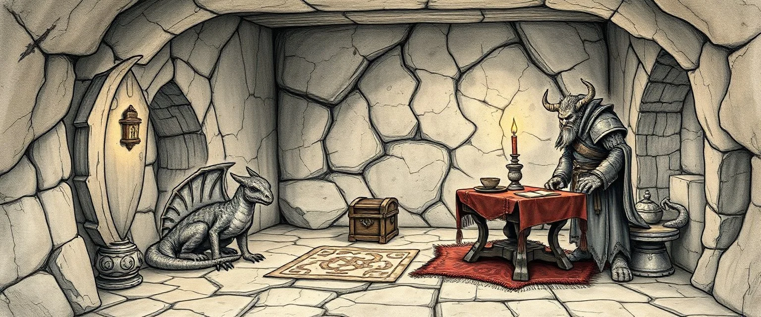 book illustration, artist drawn fantasy map of 4x4 meter room, with a young dragon and an orc captain, and a chest under a table, the room is rough and cavelike, we also see mapping of the corridors around the room