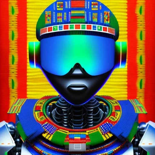 robot portrait in Kente, cinematic, ghana flag, african pattern symbols, engraved, 8k quality