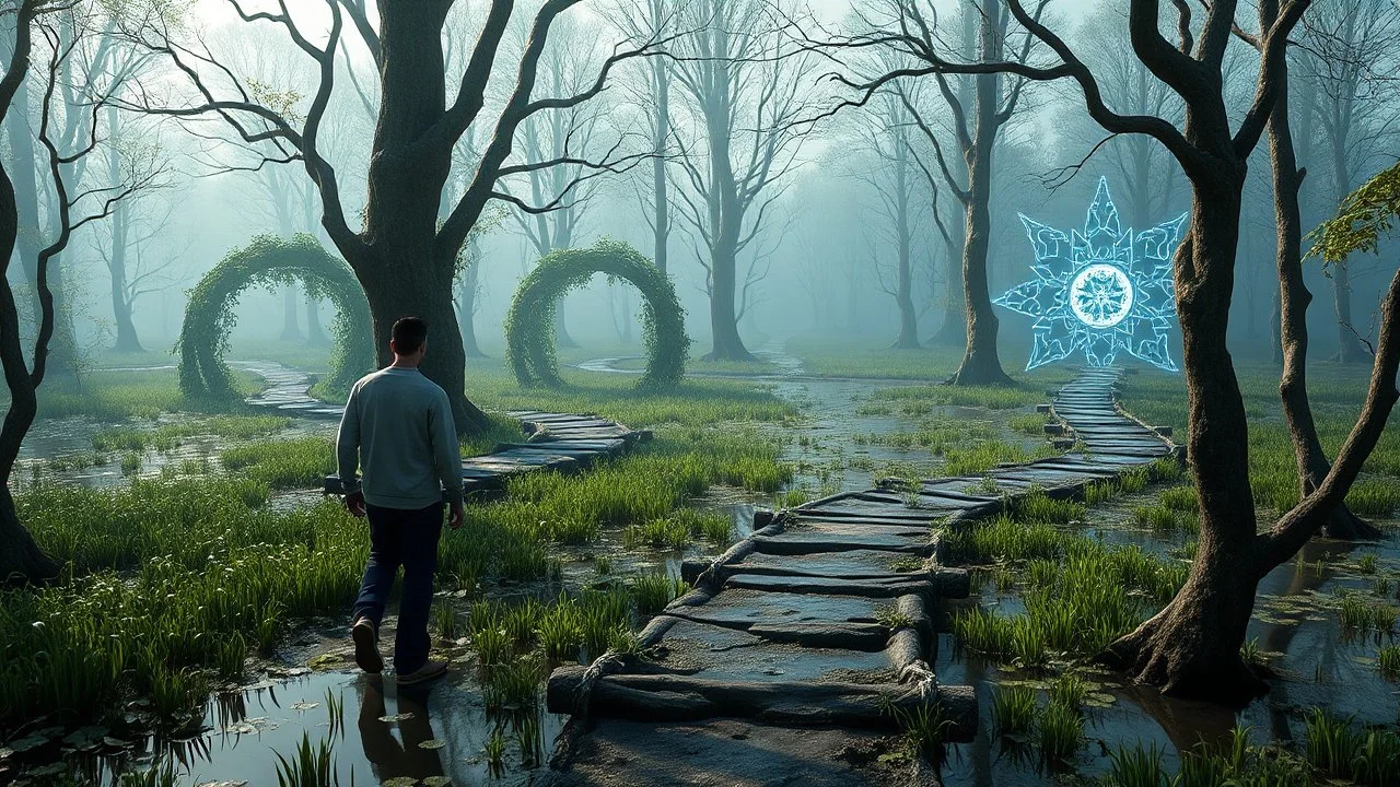 As you step into the wetland, you come across a complex network of pathways, each leading to a different version of the AI - one made of vines, another of water, and one of pure energy.