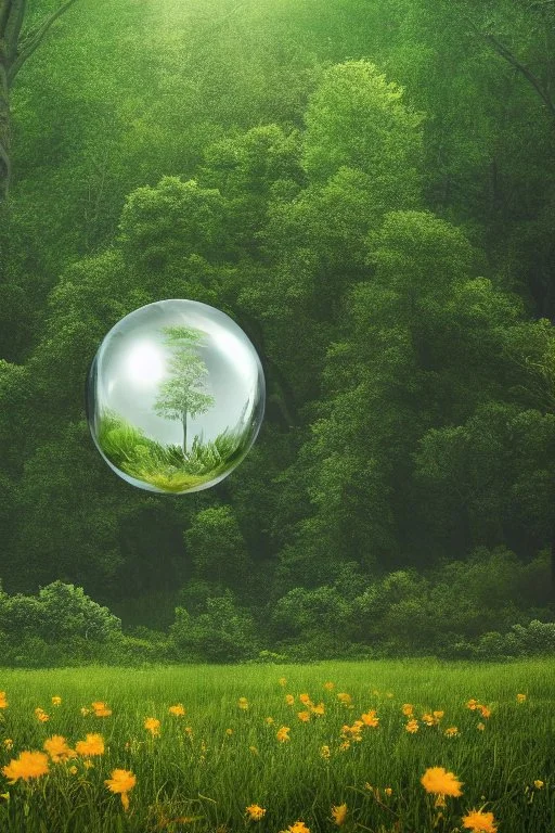 A translucent glasslobe floating in the middle, with photo-realistic forest, field, sea, flowers, birds and animals in the background Nikon D850 highly detailed digital painting sharp focus elegant 4k very attractive dynamic lighting award winning fantastic view 4K 3D crisp quality Unreal Engine