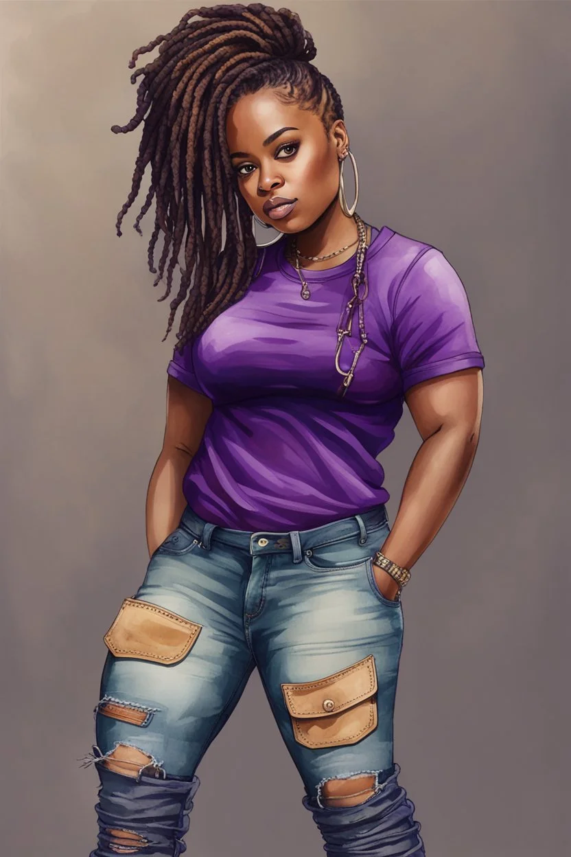 Create a watercolor image of a curvy black female wearing tight cut up jeans and a purple tshirt with timberland boots. Prominent make up with hazel eyes. Highly detail dread locs