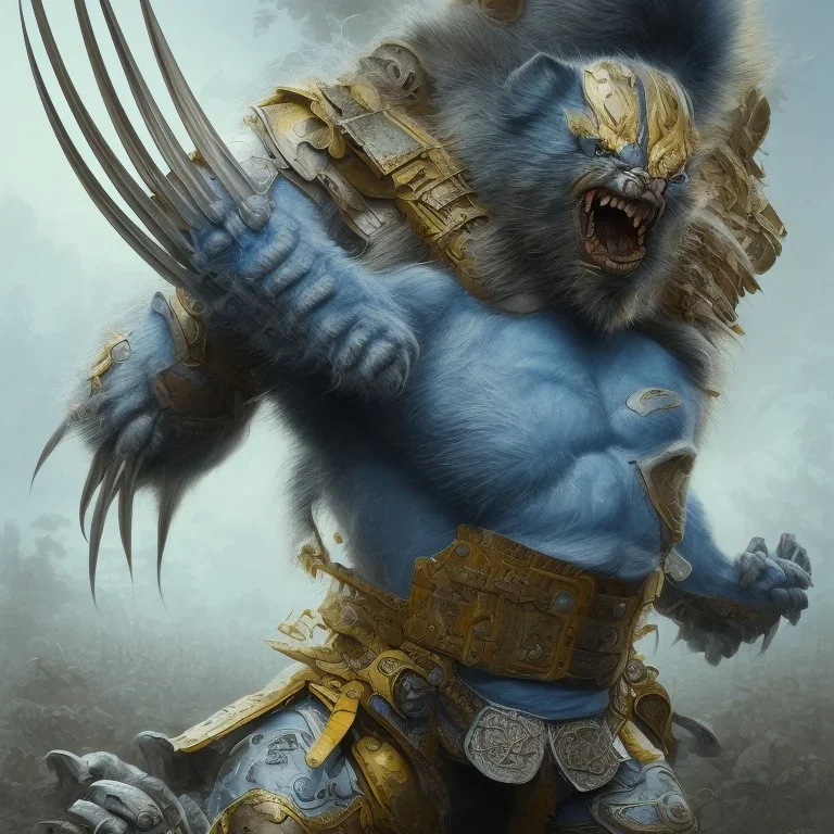 angry Wolverine warrior in Blue and yellow battle armor, a highly detailed illustration, background of Inka jungle, realistic render, 8 k, micro detail, intricate, elegant, centered, digital painting, Artstation, smooth, sharp focus, illustration, artgerm, tomasz alen kopera, peter mohrbacher, donato giancola, joseph christian leyendecker, wlop, boris vallejo