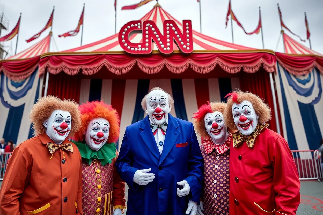 a group of clowns in front of the circus with a CNN logo