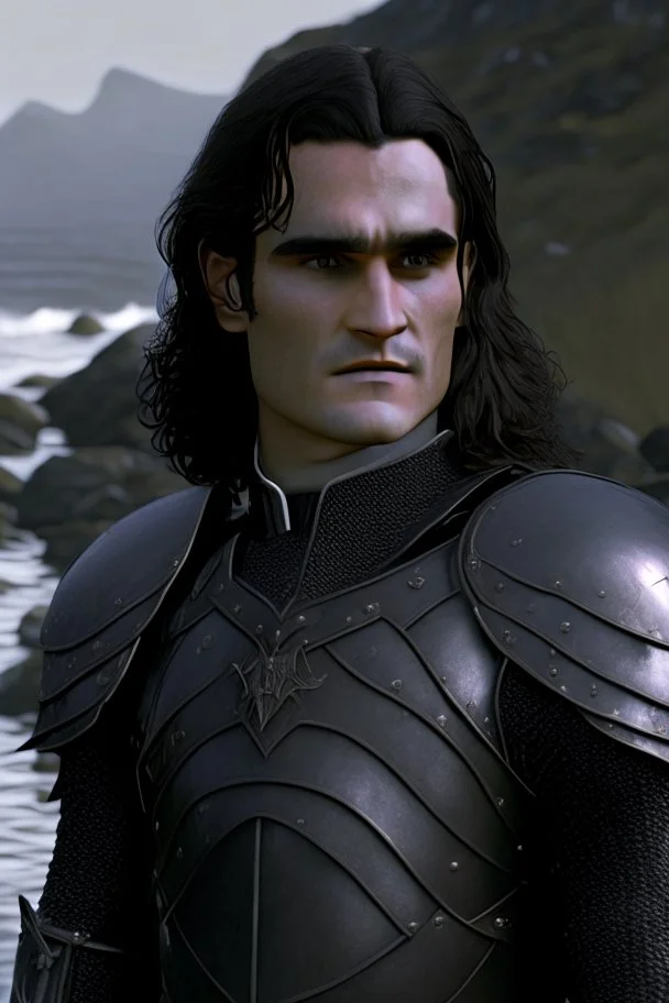 A portrait of Joaquin Phoenix in his early 30s, long beachy haircut, black hair, on a rocky island, in ebony armor from Skyrim, melancholic and dangerous facial expression, half-smiling