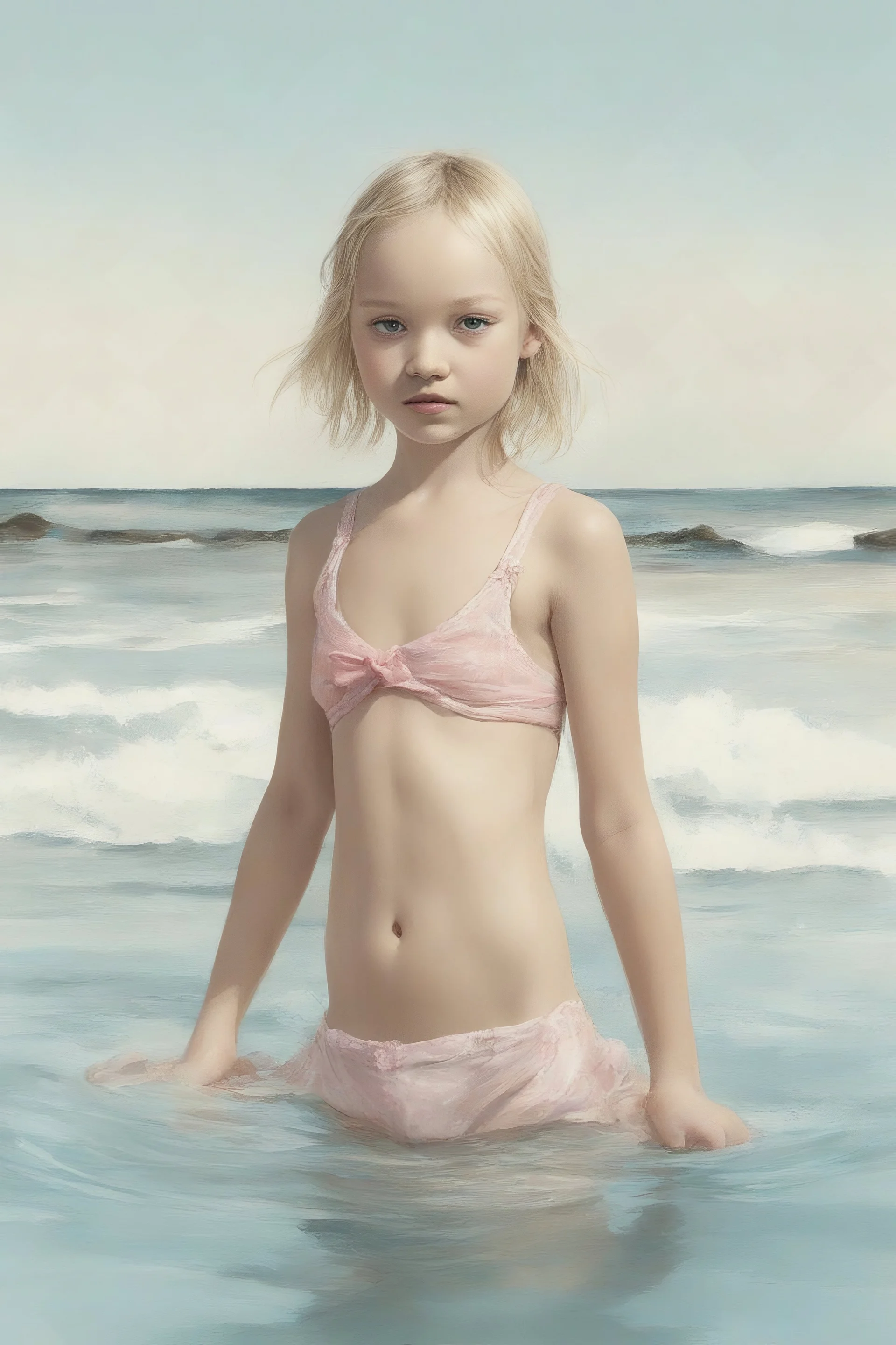 Illustration of model gemma ward as toddler,at the sea, bathing, bikini,style of Marcel Marlier, pastel colors