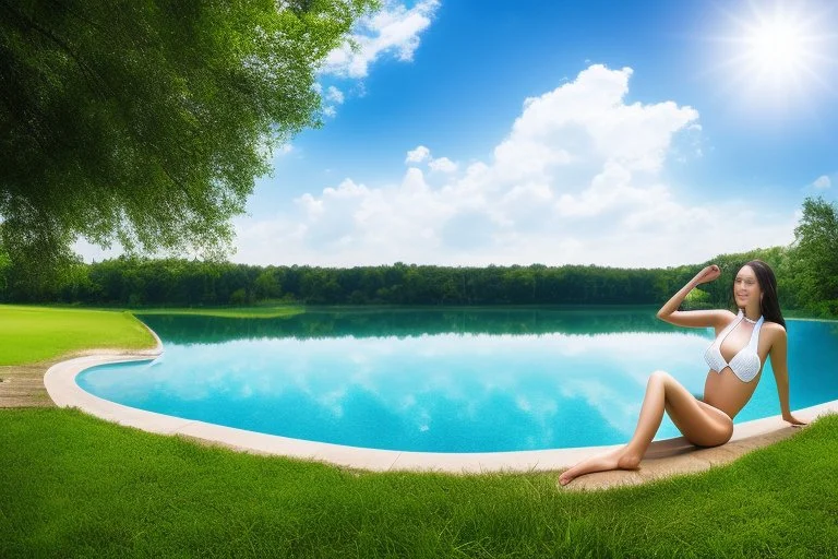 very beautiful model girl swimming in water wearing swim suit ,country side ,nice cloudy sky,country houses