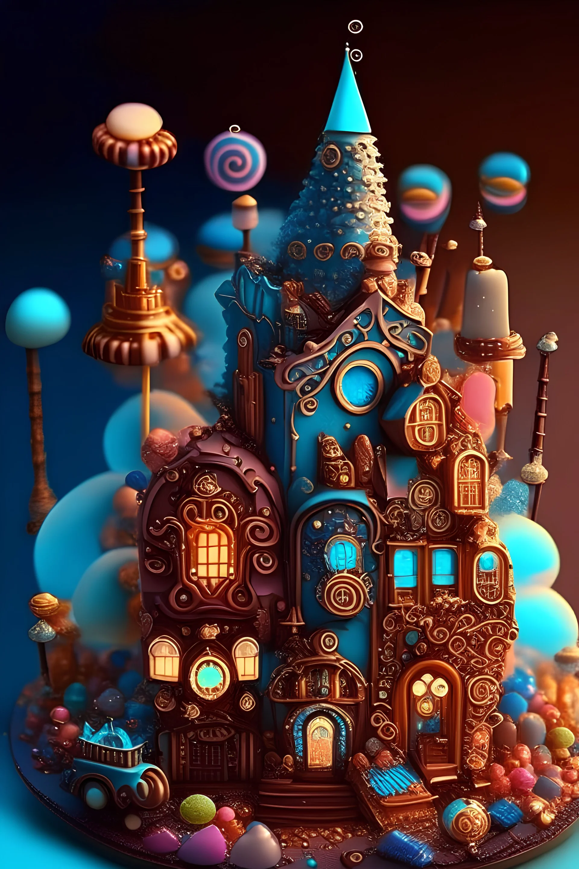 Cute tiny steampunk city made of candy, the candy is like crystals and the city shines and glow of joyful shades of blues