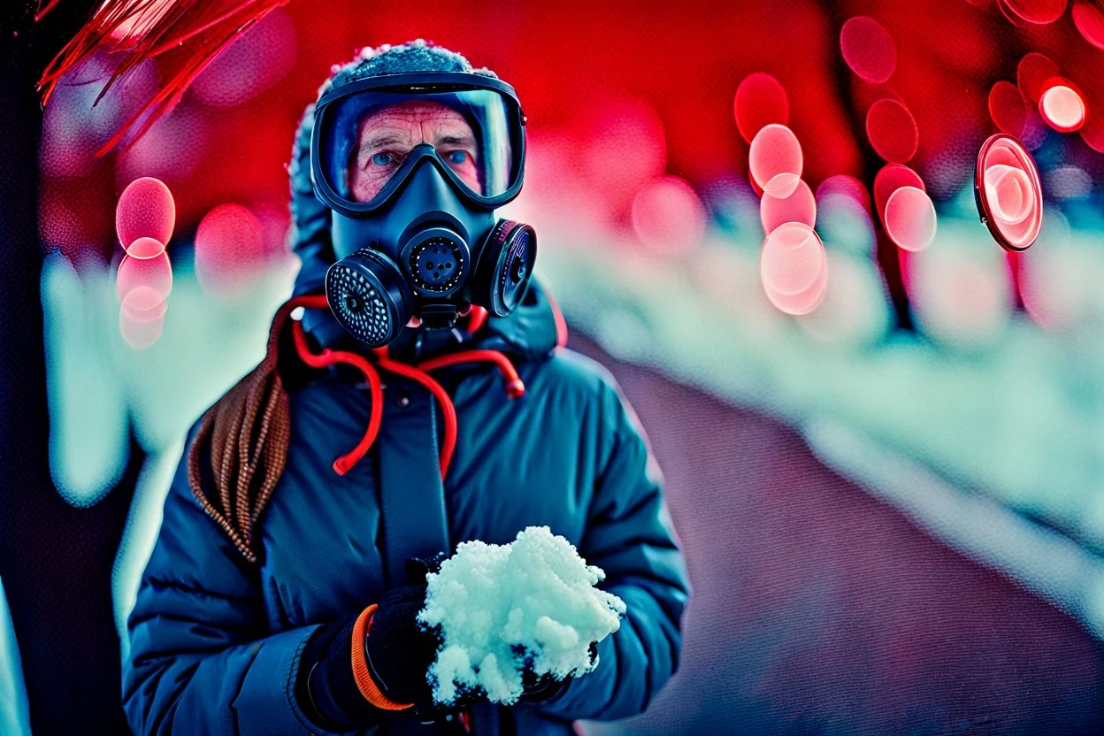 close up documentary photography, Calgary, Respirator, scientist, Dystopian, Hyper detailed, realistic, Extreme depth of field, bokeh blur, winter, Alberta, all-natural, in the style of candid, Captured on lustrous Kodak Vision3 Color Negative Film 500T 5219, 2030