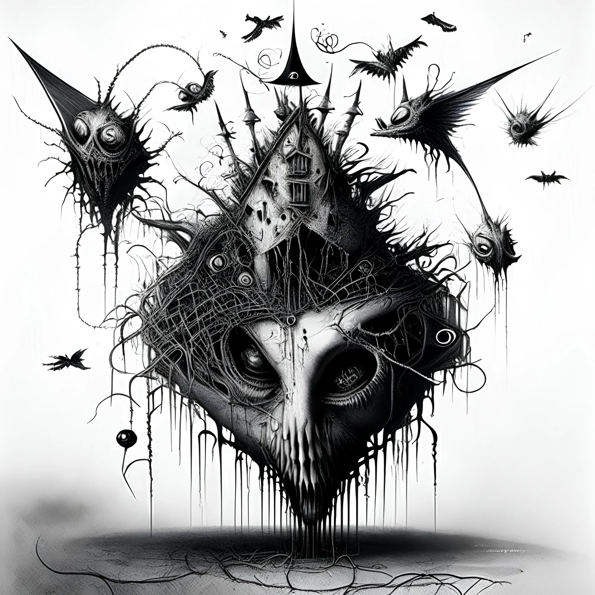 creative surreal composition in style of Stephen Gammell, diabolical mind full of traps and schemes,