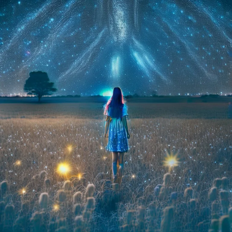 photo of a young woman in field at night with lots of stars, looking at a UFO