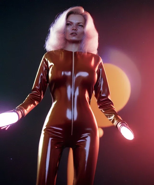 retro sci-fi portrait image from 1980, supermarket parking explosions, fire, scared people, blonde woman walking, sweet Kate moss face, tight latex suit, soft color, highly detailed, unreal engine 5, ray tracing, RTX, lumen lighting, ultra detail, volumetric lighting, 3d, finely drawn, high definition, high resolution.